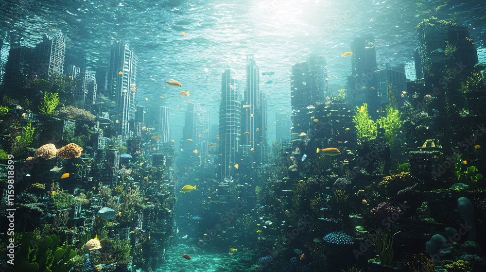Fototapeta premium An underwater city with skyscrapers made of coral, inhabited by diverse marine life, symbolizing a utopian coexistence with nature. 