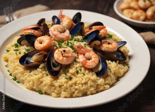 Plated dish of risotto with mussels and shrimp in a golden-brown crust, satisfying meal, home-cooked meal photo