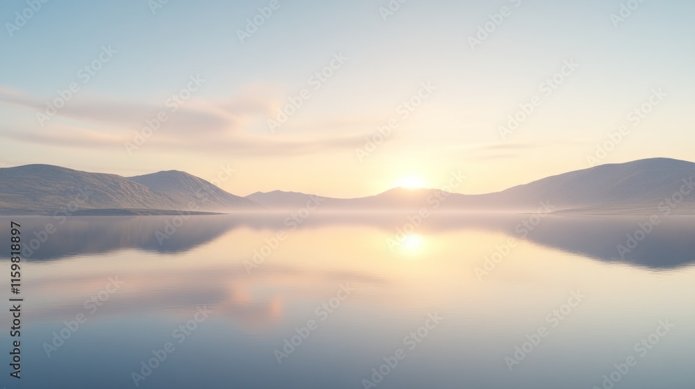 A serene landscape at sunrise, featuring calm waters reflecting mountains and soft pastel colors in the sky. A serene landscape at sunrise, featuring calm waters reflecting mountains and soft pastel colors in the sky.