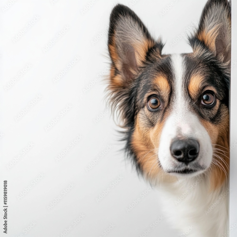 Alert border collie with floppy ears peeking against white background