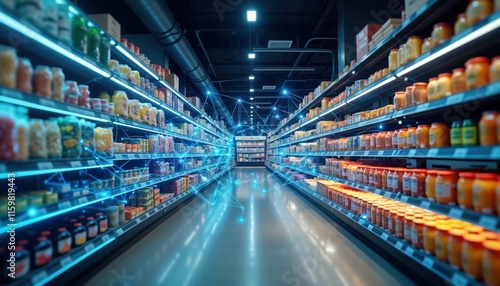 AI powered retail analytics optimizes product placement, inventory. Supermarket displays optimized food items. Smart tech visualizes inventory on shelves. Future store design. Modern strategy for photo