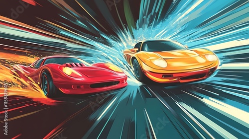 Two dynamic sports cars racing through a vibrant, motion-filled background.