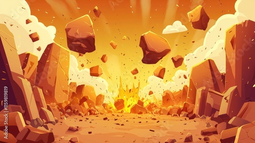 Cartoon Illustration of a Large Explosion with Rocks and Debris