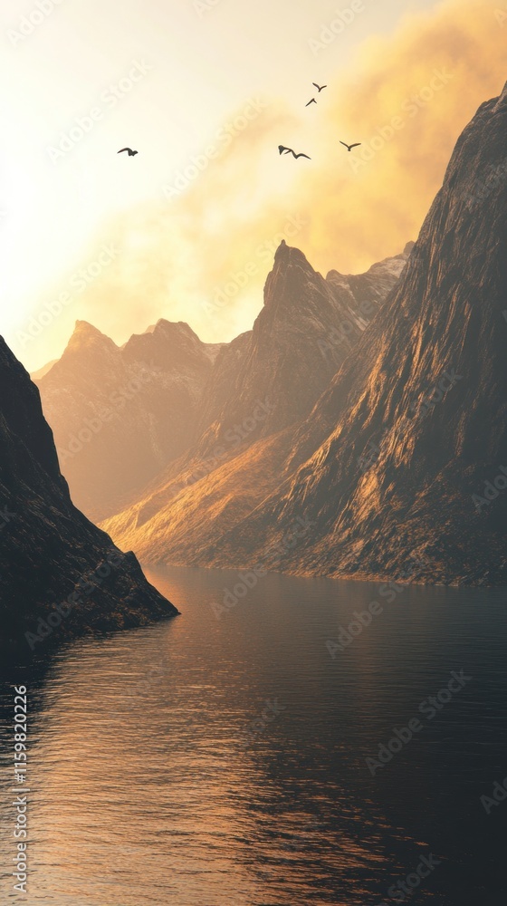 A serene landscape featuring mountains and a tranquil lake at sunset, with birds flying above.
