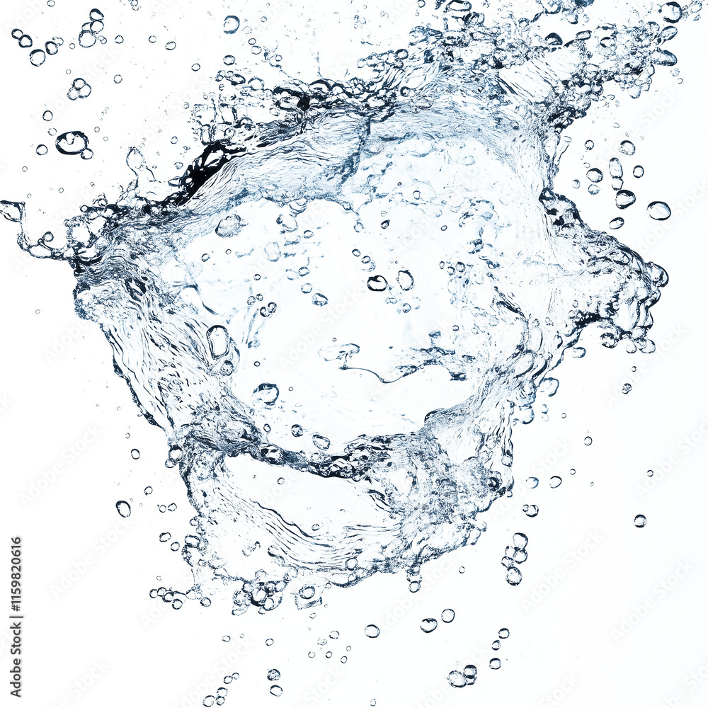 Dynamic blue water splash with droplets and air bubbles, set against a clean white and transparent background Dynamic blue water splash with droplets and air bubbles, set against a clean white and transparent background