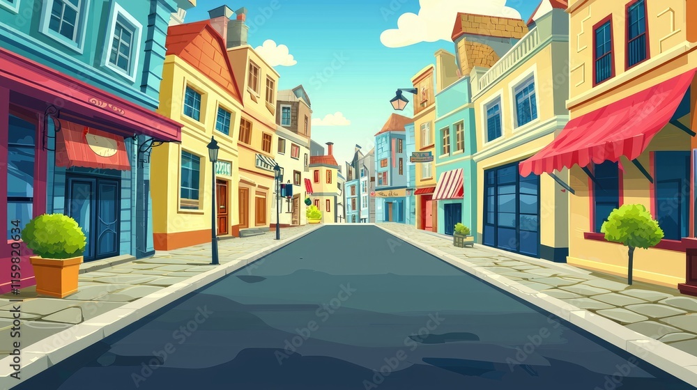 Fototapeta premium A Sunny Day on a Cobblestone Street with Colorful Buildings