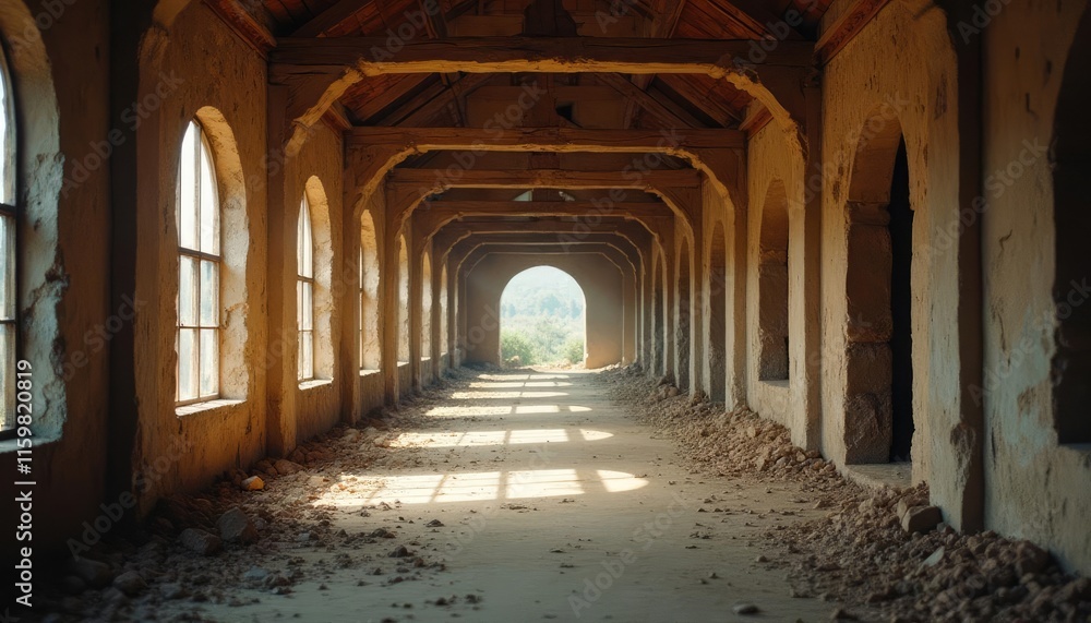 A long, arched hallway with stone walls and arched windows leads to a doorway at the end, bathed in natural light and surrounded by scattered rocks. A long, arched hallway with stone walls and arched windows leads to a doorway at the end, bathed in natural light and surrounded by scattered rocks.