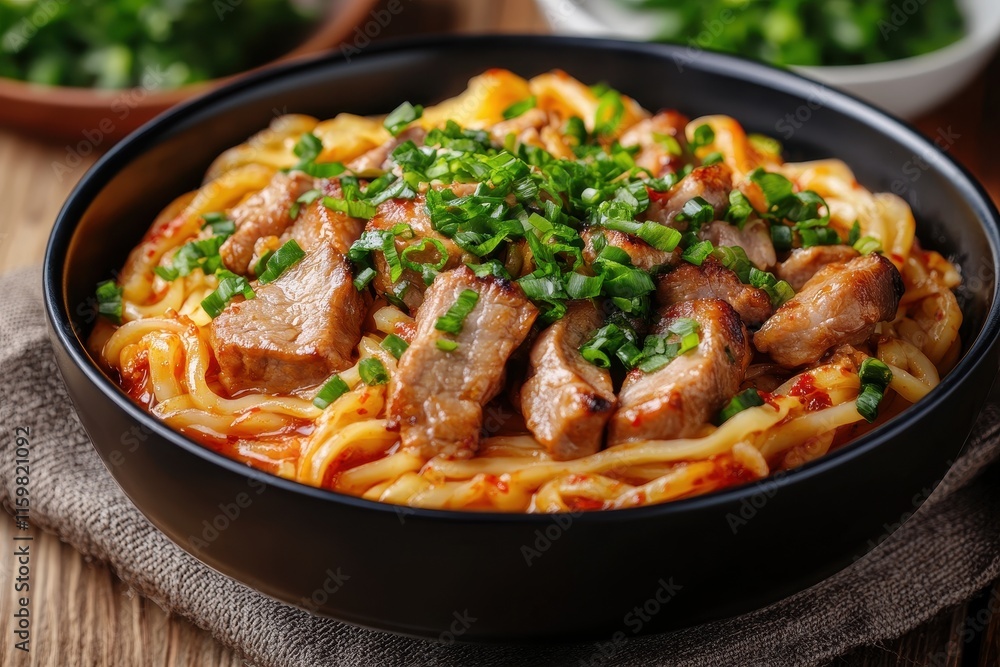 Pork udon ramen in kimchi broth Asian cuisine Pork udon ramen in kimchi broth Asian cuisine