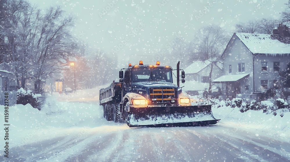 Winter road maintenance snowplow clearing urban streets, showcasing its efficiency, depicted in a polished, high-detail illustration style Winter road maintenance snowplow clearing urban streets, showcasing its efficiency, depicted in a polished, high-detail illustration style