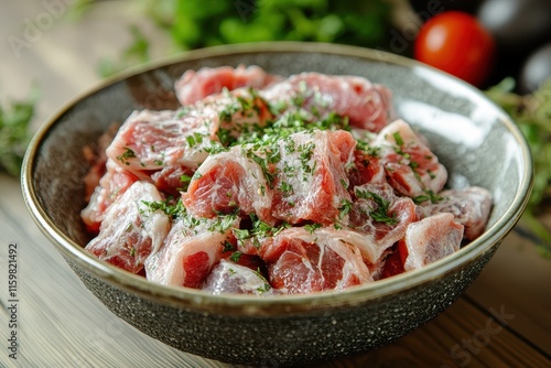 Prepared beef tripe with veggies and herbs in a bowl ready to cook photo