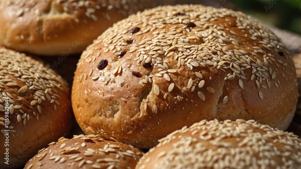 Freshly baked bread rolls topped with sesame seeds, showcasing a golden-brown crust. Freshly baked bread rolls topped with sesame seeds, showcasing a golden-brown crust.