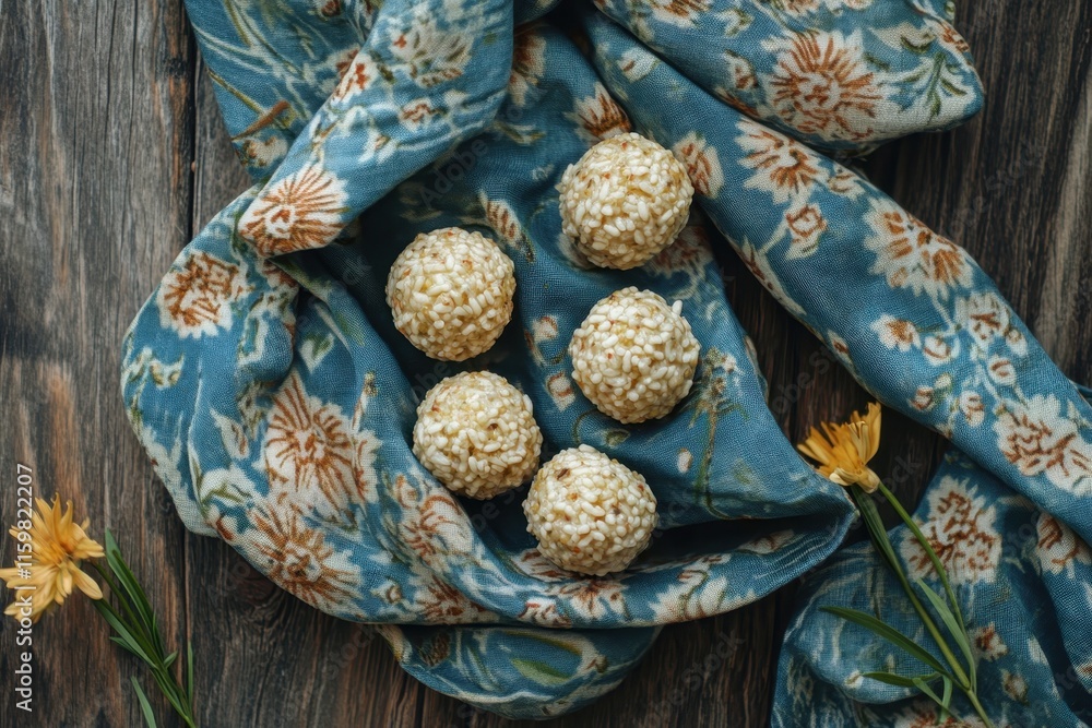 Obraz premium Sicilian rice balls featuring gluten free arancini stuffed with mushrooms and cream presented on a wooden surface with floral fabric Quick meal close up overhe