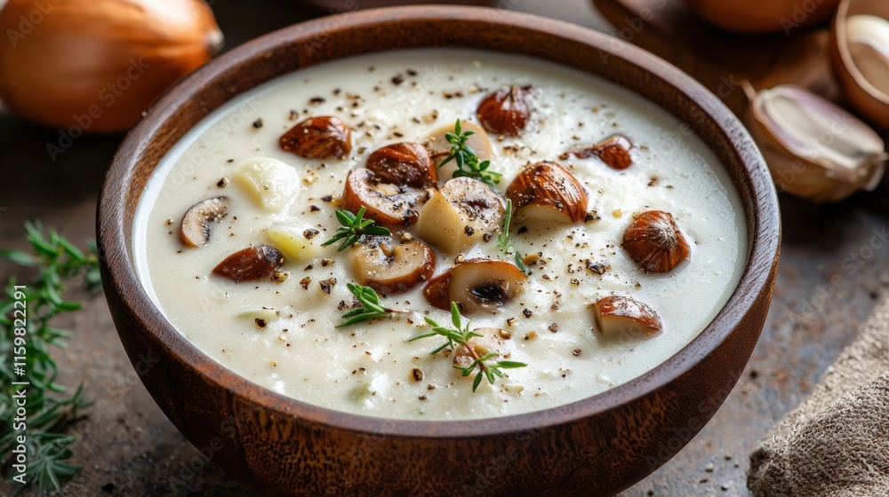 Delicious Creamy Mushroom Soup in Wooden Bowl Delicious Creamy Mushroom Soup in Wooden Bowl