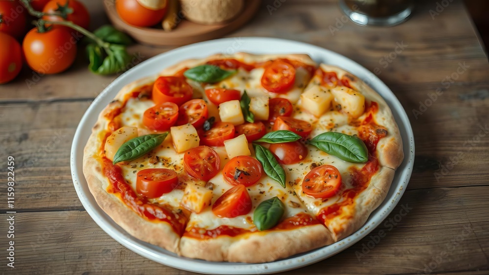 Textured wooden table with a delicious Hawaiian pizza on a plate, pineapple, pepperoni Textured wooden table with a delicious Hawaiian pizza on a plate, pineapple, pepperoni