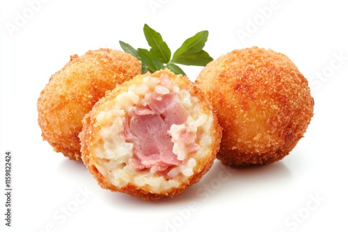 Sicilian street food rice balls filled with prosciutto and mozzarella breaded and deep fried White backdrop photo