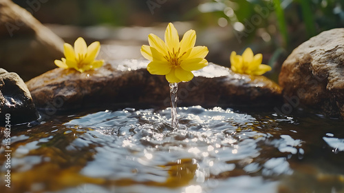 Serene yellow flower blossoms gracefully over a tranquil stream, reflecting sunlight on the water's surface.  A moment of peaceful nature.
