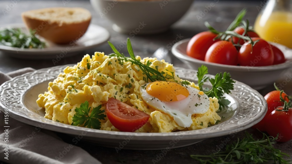 A plate of fluffy scrambled eggs with a fried egg, tomatoes, and herbs, ready for breakfast. A plate of fluffy scrambled eggs with a fried egg, tomatoes, and herbs, ready for breakfast.