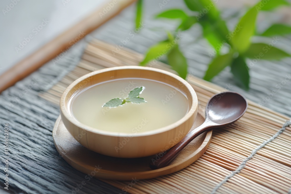 Sikhye a sweet Korean beverage served with a spoon on a bamboo dish Sikhye a sweet Korean beverage served with a spoon on a bamboo dish