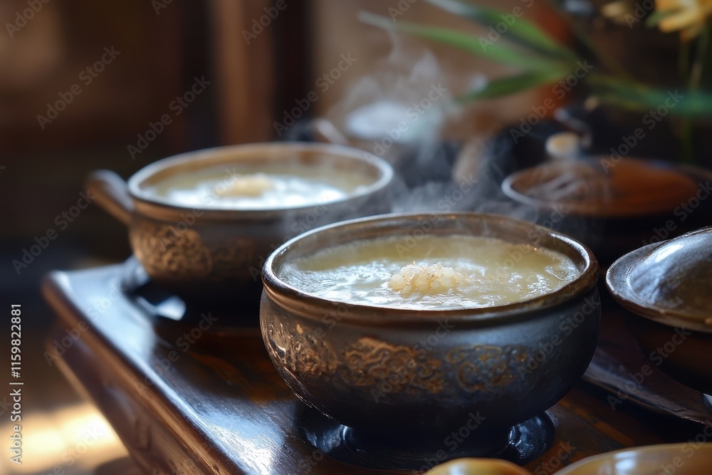 Sikhye a sweet rice beverage alongside hangwa Sikhye a sweet rice beverage alongside hangwa