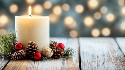 candlemas day candle and pine leave and cones with lights