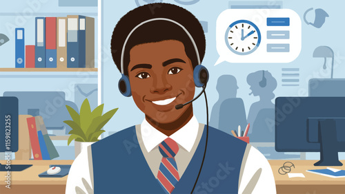 a male customer service person with a headset on her head smiles and poses in her office 