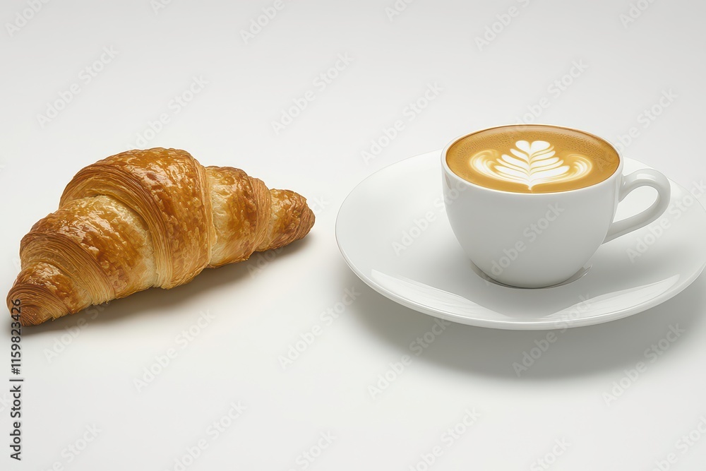 A croissant beside a latte art coffee in a white cup on a plate. A croissant beside a latte art coffee in a white cup on a plate.