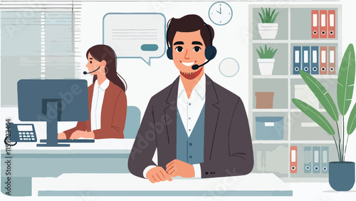 a male customer service person with a headset on her head smiles and poses in her office 