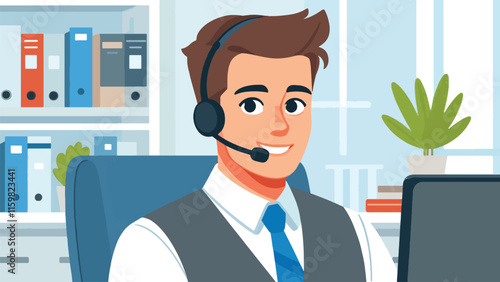 a male customer service person with a headset on her head smiles and poses in her office 