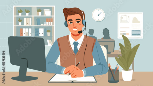 a male customer service person with a headset on her head smiles and poses in her office 