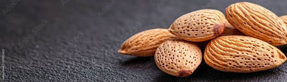 A close-up view of raw almonds, showcasing their textured shells, arranged on a dark surface. A close-up view of raw almonds, showcasing their textured shells, arranged on a dark surface.
