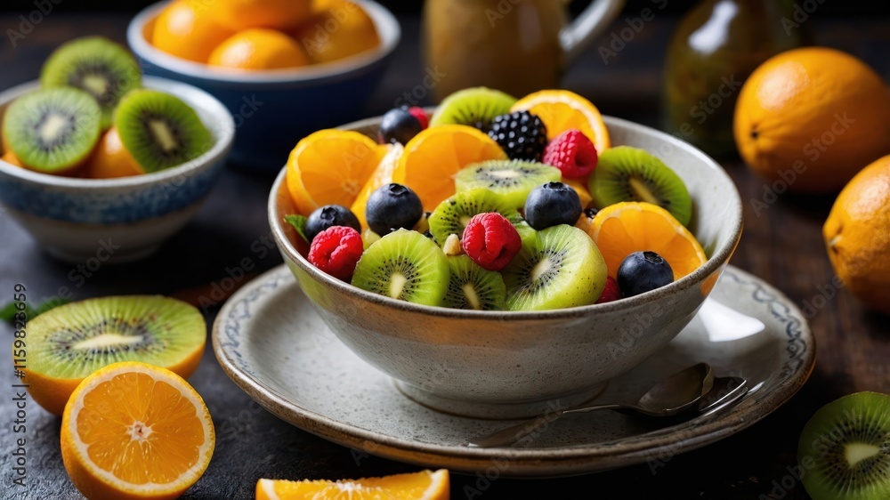A vibrant fruit salad featuring kiwi, oranges, berries, and a rustic setting. A vibrant fruit salad featuring kiwi, oranges, berries, and a rustic setting.