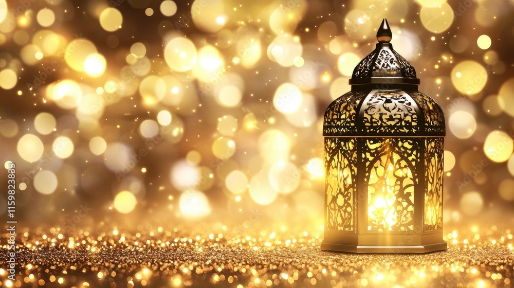 Ornate Lantern Glowing Brightly Against a Backdrop of Golden Bokeh Ornate Lantern Glowing Brightly Against a Backdrop of Golden Bokeh
