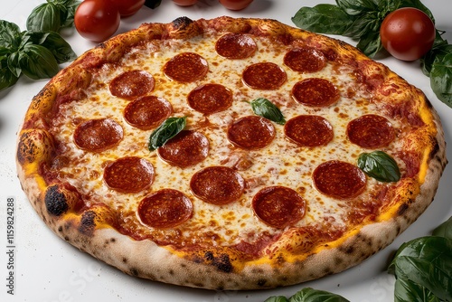 A delicious pepperoni pizza garnished with fresh basil, surrounded by tomatoes and basil leaves. photo