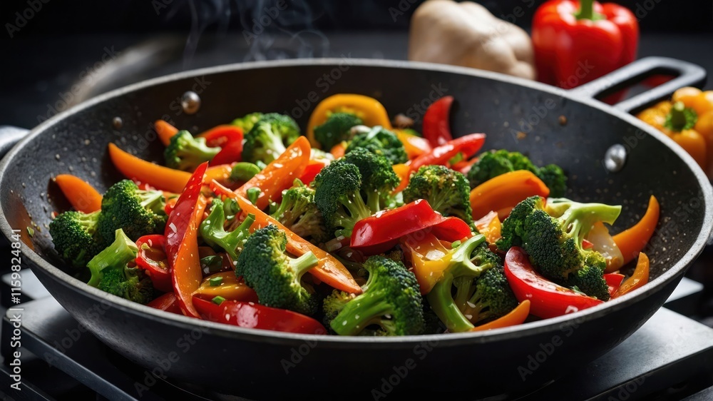 Colorful stir-fried vegetables in a pan, showcasing vibrant broccoli and bell peppers. Colorful stir-fried vegetables in a pan, showcasing vibrant broccoli and bell peppers.