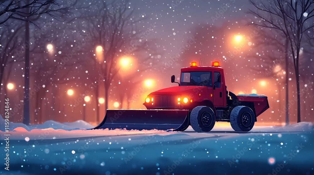Snow-clearing vehicle pushing snow off the streets, ensuring clear routes for drivers, depicted in a clean and minimal illustration style Snow-clearing vehicle pushing snow off the streets, ensuring clear routes for drivers, depicted in a clean and minimal illustration style