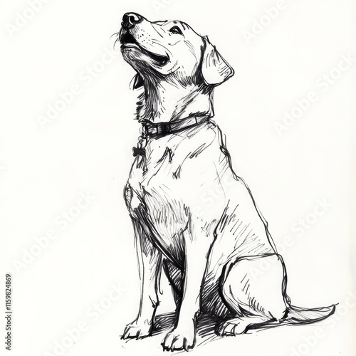 Ink drawing of labrador retriever looking upward with a collar photo