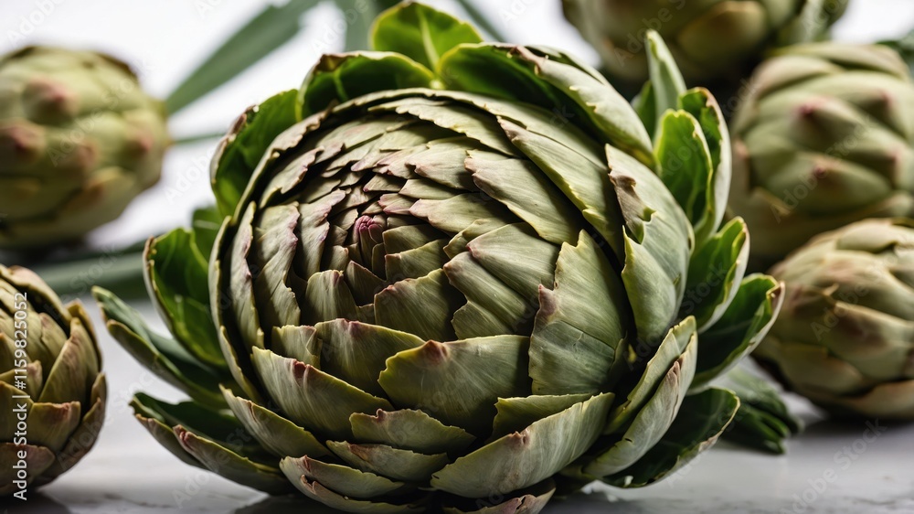 A close-up of a fresh artichoke with others in the background. A close-up of a fresh artichoke with others in the background.