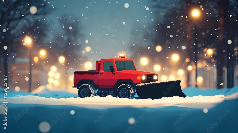 Snow-clearing vehicle pushing snow off the streets, ensuring clear routes for drivers, depicted in a clean and minimal illustration style Snow-clearing vehicle pushing snow off the streets, ensuring clear routes for drivers, depicted in a clean and minimal illustration style