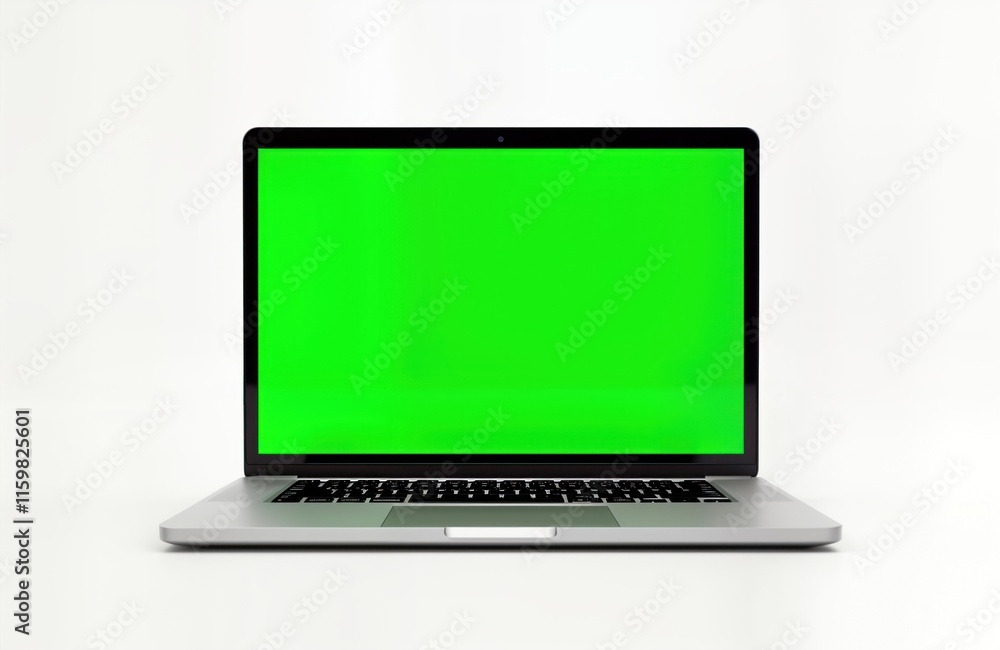 Modern laptop computer with blank green screen on white background. Portable device with silver aluminum body. Empty display ready for graphics video overlay. Versatile product for mockups digital Modern laptop computer with blank green screen on white background. Portable device with silver aluminum body. Empty display ready for graphics video overlay. Versatile product for mockups digital