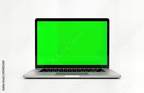 Modern laptop computer with blank green screen on white background. Portable device with silver aluminum body. Empty display ready for graphics video overlay. Versatile product for mockups digital