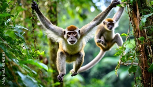 Mischievous Monkeys Swinging Between Trees in a Vibrant Jungle Canopy