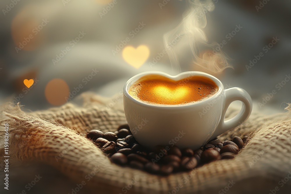 A heart-shaped coffee cup surrounded by coffee beans, exuding warmth and coziness. A heart-shaped coffee cup surrounded by coffee beans, exuding warmth and coziness.