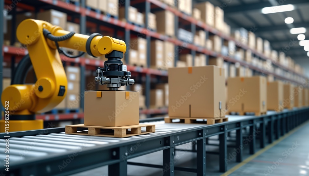 Automated arm places cardboard boxes on pallets in smart warehouse. Tech process in logistics center. Automation, tech improve efficiency. Modern industrial scene. Future of warehousing. Robotic arm Automated arm places cardboard boxes on pallets in smart warehouse. Tech process in logistics center. Automation, tech improve efficiency. Modern industrial scene. Future of warehousing. Robotic arm