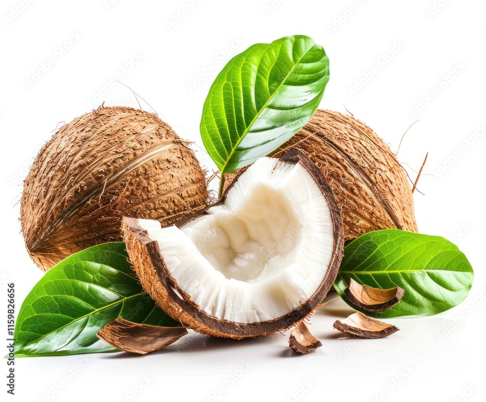 Fresh coconuts with green leaves, one halved to reveal the white flesh, isolated on white background. Fresh coconuts with green leaves, one halved to reveal the white flesh, isolated on white background.