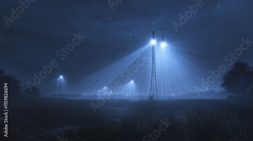 Nighttime Landscape with Tower and Dramatic Light Beams photo