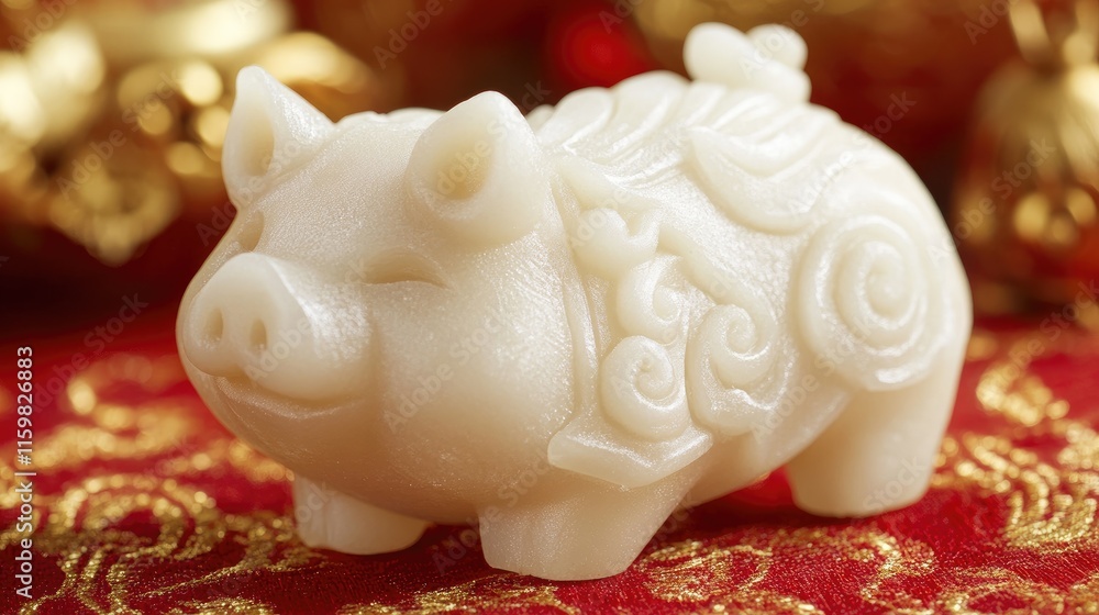 Decorative ceramic pig figurine on red background with gold accents Decorative ceramic pig figurine on red background with gold accents