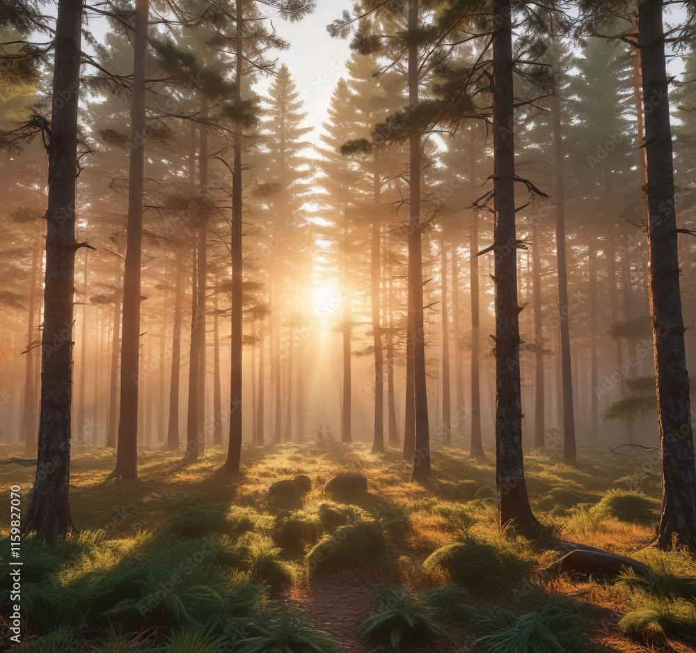 Obraz premium Soft light filters through the pine trees in a forest clearing bathed in the warmth of sunrise, peaceful ambiance, pine trees