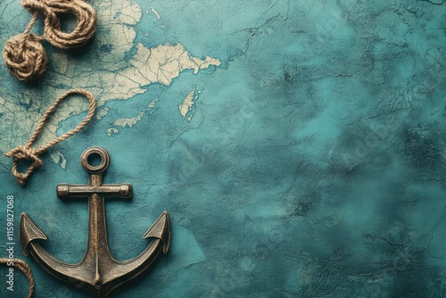 Nautical anchor rests on a textured blue surface alongside a maritime map and decorative ropes for a marine themed design. Generative AI photo