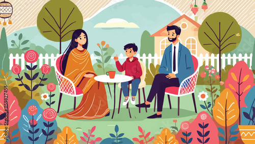 A couple and their son were sitting chatting on chairs in a flower garden 
