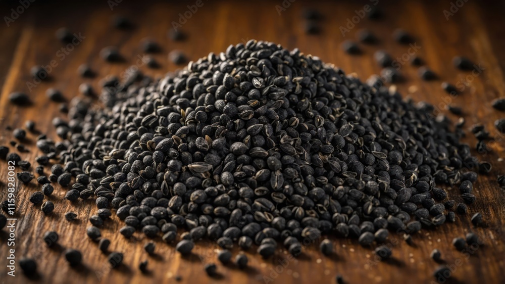 A close-up of a pile of black seeds on a wooden surface, showcasing their texture and color. A close-up of a pile of black seeds on a wooden surface, showcasing their texture and color.
